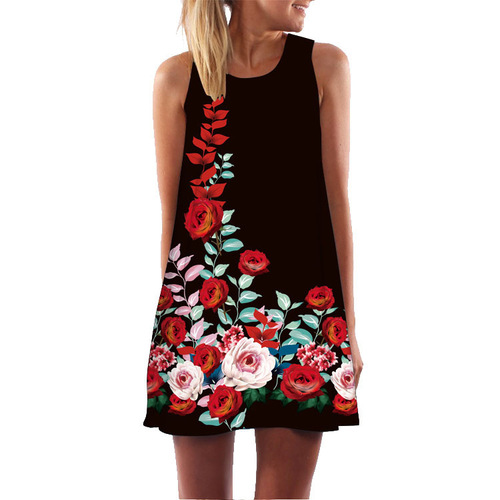 Summer and Autumn European and American Women's 3D Printed Sleeveless Dress Plus Size Sexy A-Line Skirt