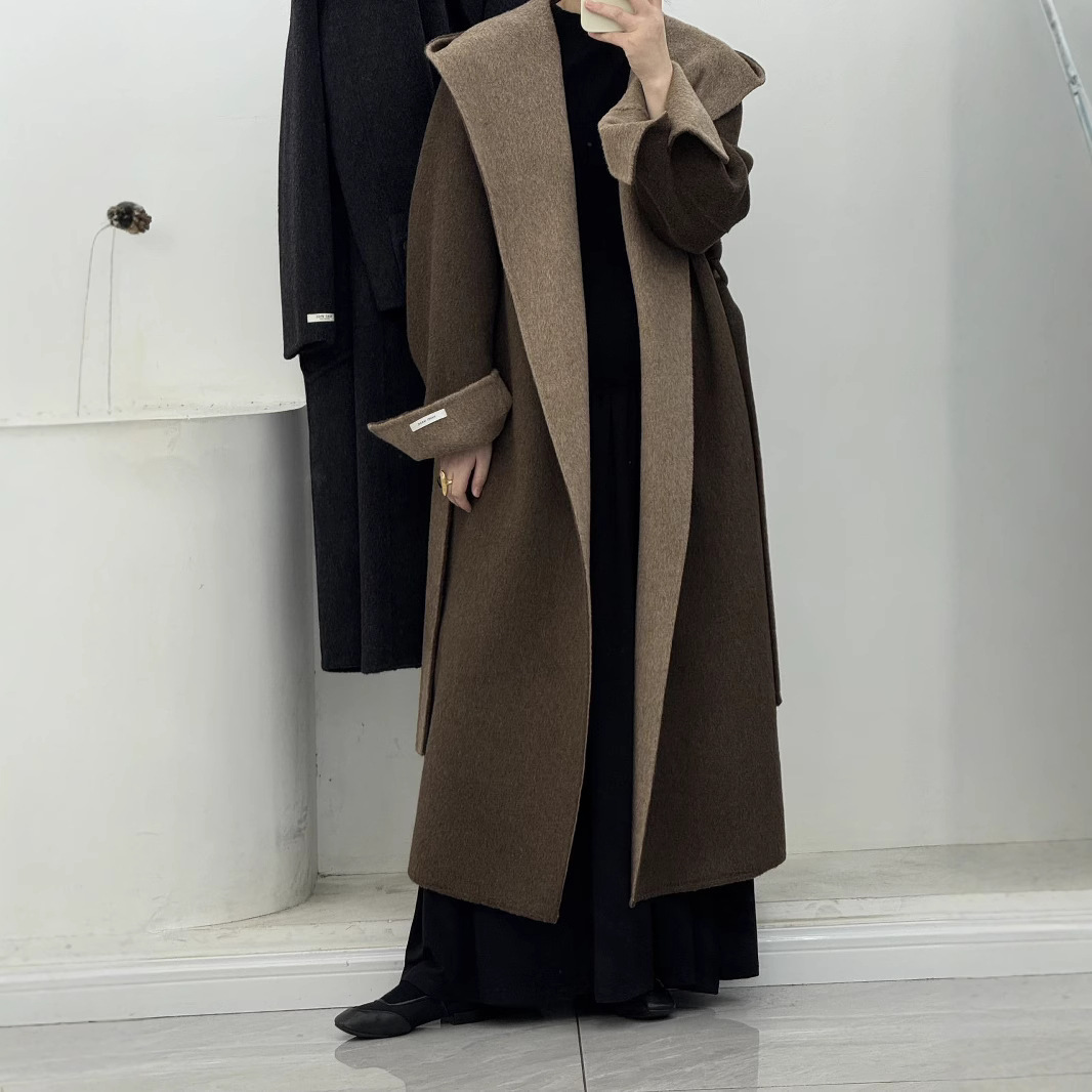 2024 가을과 겨울 2 색 게으른 스타일 한국 후드 울 양면 울 코트 여성의 긴 울 코트