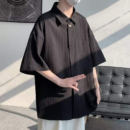 Original Host Minimalist Men's Style Summer Shirt New Youth Trendy Short-Sleeve Daily Wear Square Collar Fashion Striped Loose Top