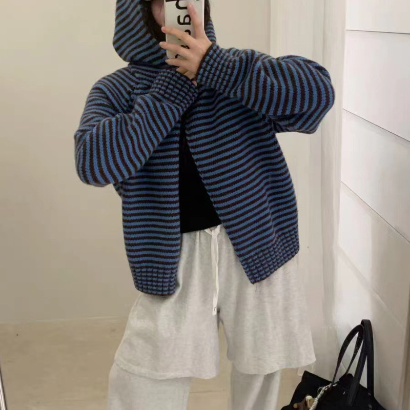 韩系撞色条纹双拉链连帽针织开衫女秋冬新款宽松慵懒风毛衣外套厚|undefined