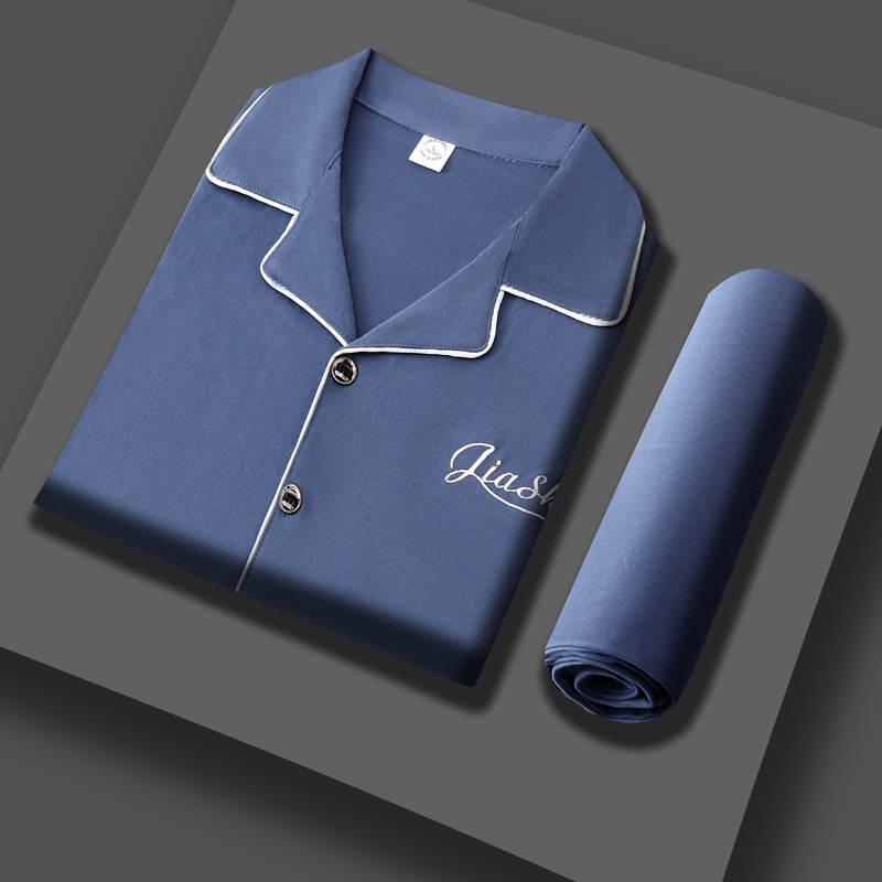 100% pijamas de algodón de manga larga de los hombres sueltos más tamaño aguja pequeño collar inverso joven y de mediana edad de primavera y otoño ropa de casa manga corta tejida