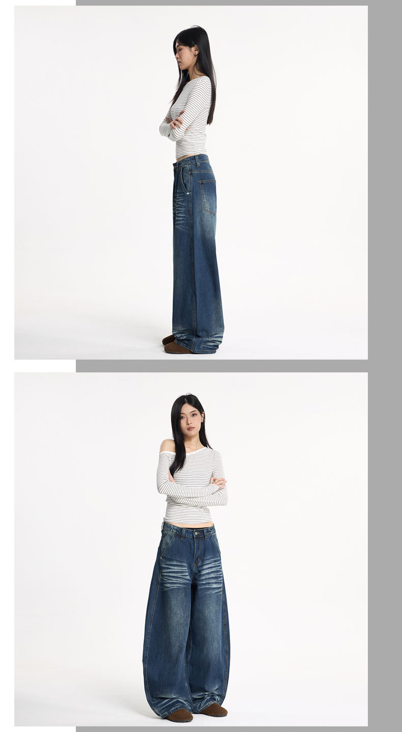 LKTM Men's Vintage Washed Blue Baggy Jeans Relaxed Fit Wide Leg Bootcut Trousers with Retro Whisker Distressing_viptrois.com