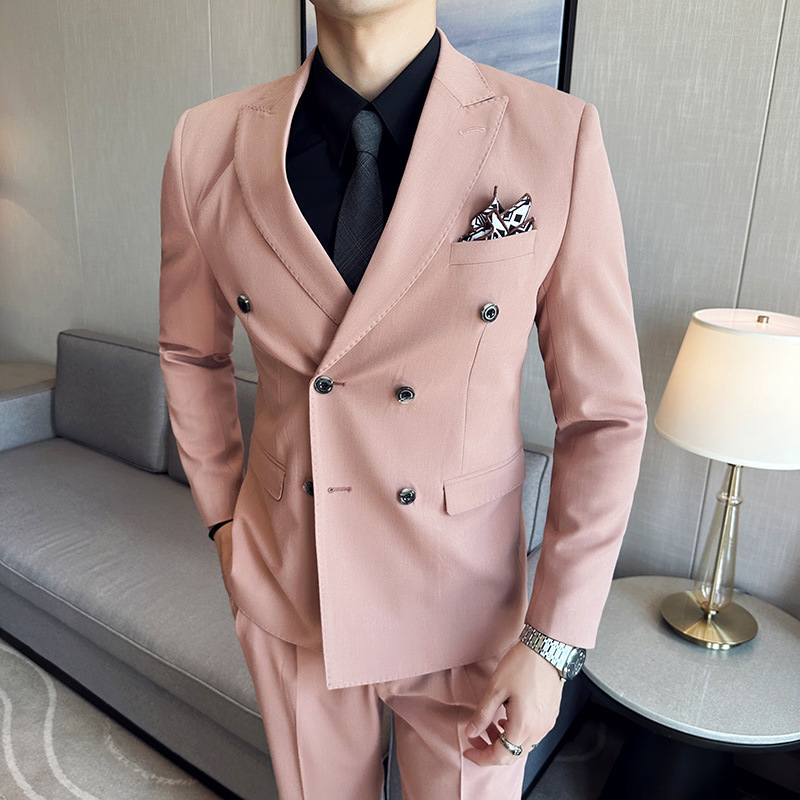 Suit suit Double-breasted Buckle Neck Suit Three-piece Fashionable Groom Pink Host Best Man Dress Men's Fashionable