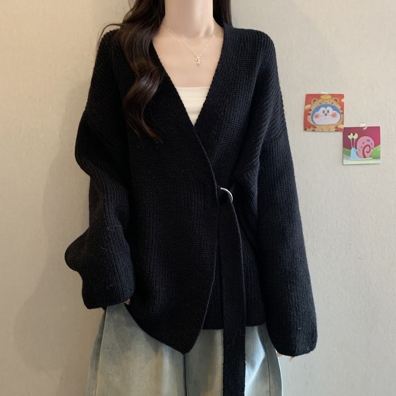 跨境外贸慵懒高级感V领系带针织开衫女秋冬季宽松中长款毛衣外套|undefined
