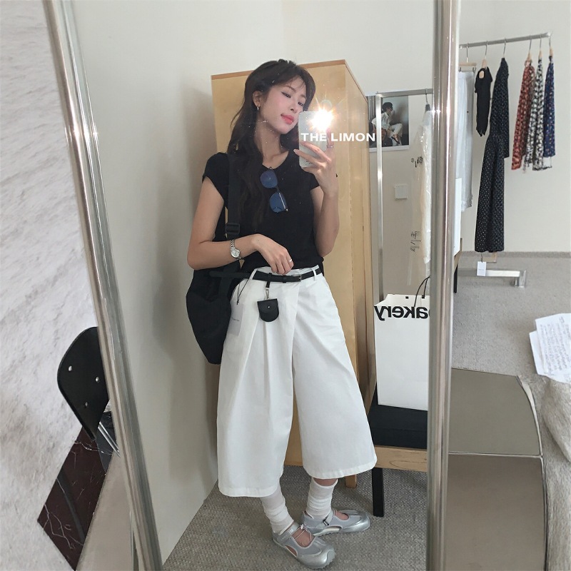 THE LIMON Té verde limón Moda coreana Cintura alta Todo fósforo sueltos y delgados Pantalones casuales recortados Mujer con riñonera image 5