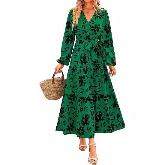 2024 Amazon Women's Autumn Long SleeVe Wrap V Neck Floral Pleated Maxi Dress Casual Waist Waist