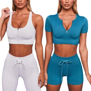 2022 Nylon Vertical Stripe Yoga Suit Sports Underwear Fitness Short Sleeve Shorts Running Pants Zipper Top