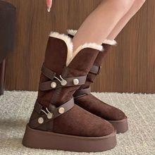 2025新款潮流保暖加厚翻毛厚底雪地靴女冬季新款时尚皮带扣棉靴子