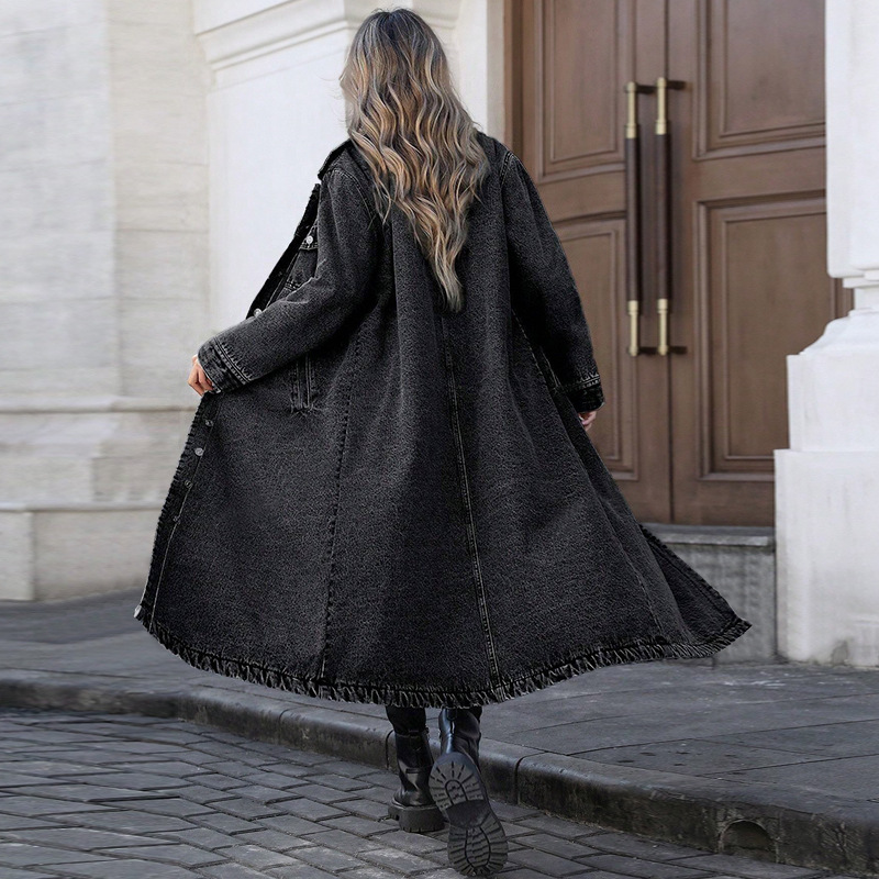 Elegant Long Denim Coat For Women, Mid Blue And Black Trench Style Jacket, Versatile Career Outerwear For Fall_ecoleips.com