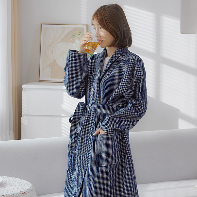 Japanese Style Cotton Four-Layer Gauze Towel Material Absorbent Quick-Drying Men's Bathrobe Autumn and Winter Long-Sleeved Couple's Pure Cotton Bathrobe