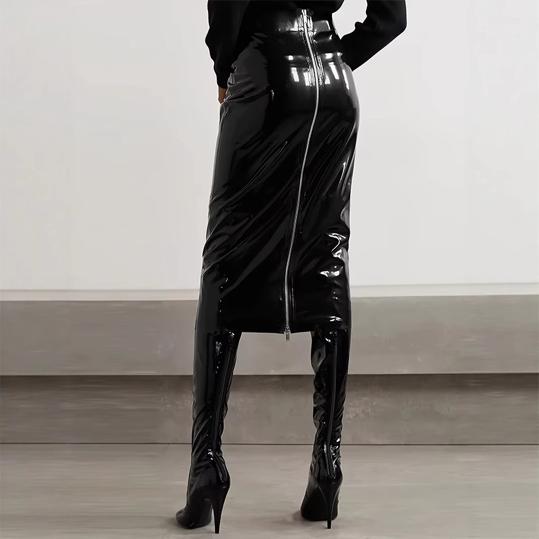 跨境外贸欧美亚马逊女装ins皮裙镜面pu皮革长款半身裙优雅包臀裙