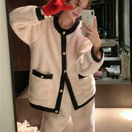 韩国chic女士冬季两件套小香风加厚珊瑚绒长袖长裤睡衣家居服套装