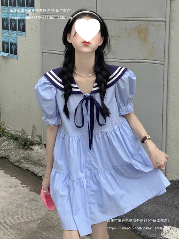 Navy Collar Dress for Women, New Summer Style, Sweet College Style, Waist-Cinching, Slimming, Niche Short-Sleeved Dress