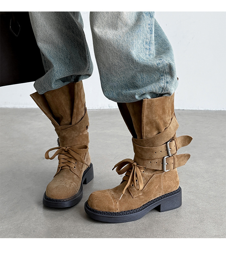 Boot cao bồi cổ trung bình da bò lộn phong cách retro, gót thấp khóa thắt lưng — đen, màu nâu sẫm, kaki chi tiết 17