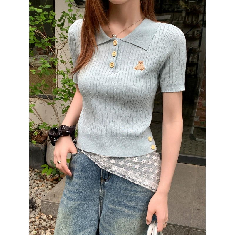 Женская футболка с коротким рукавом, вязаная, с воротником-поло, новая летняя модель 2025 года, с вышивкой в виде мультяшного рисунка, облегающая, короткий топ