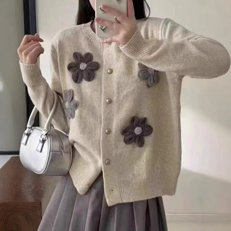 韓国風刺繍花ルーズセーターレディースジャケット2025秋冬新スタイルレイジースタイルヘビーニットカーディガントップ|undefined