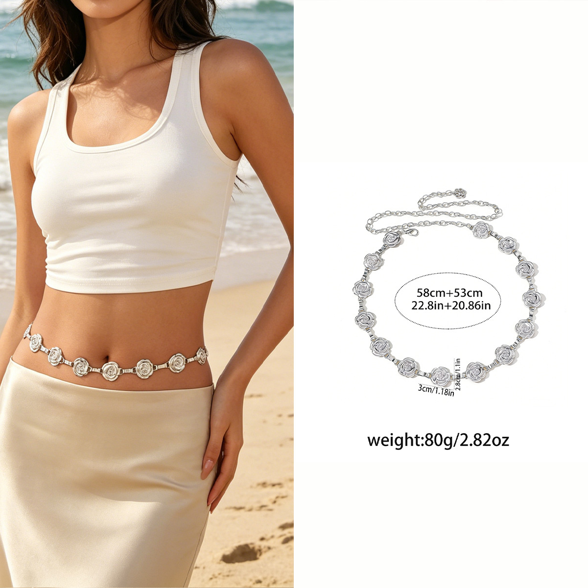 Tailleketting, lichaamsketting, nieuwe zomerse grensoverschrijdende rozenbloem, metalen tailleaccessoire, ketting te combineren met jurk, strandvakantiestijl riem voor vrouwen_voghion.com