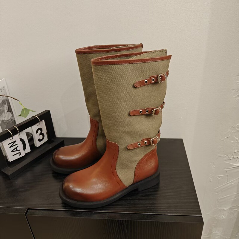 First-Layer Cowhide Leather and Canvas Patchwork Western Cowboy Boots, Work Boots, Vintage Belt Buckle, Breathable High Boots, Short Boots, Chunky Heels