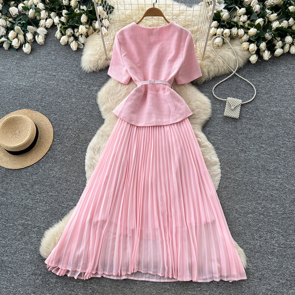 Inspired Pink A-Line Dress Short Sleeved High Waisted Fitted Long Skirt Luxurious Feel Women's Clothing_ecoleips.com