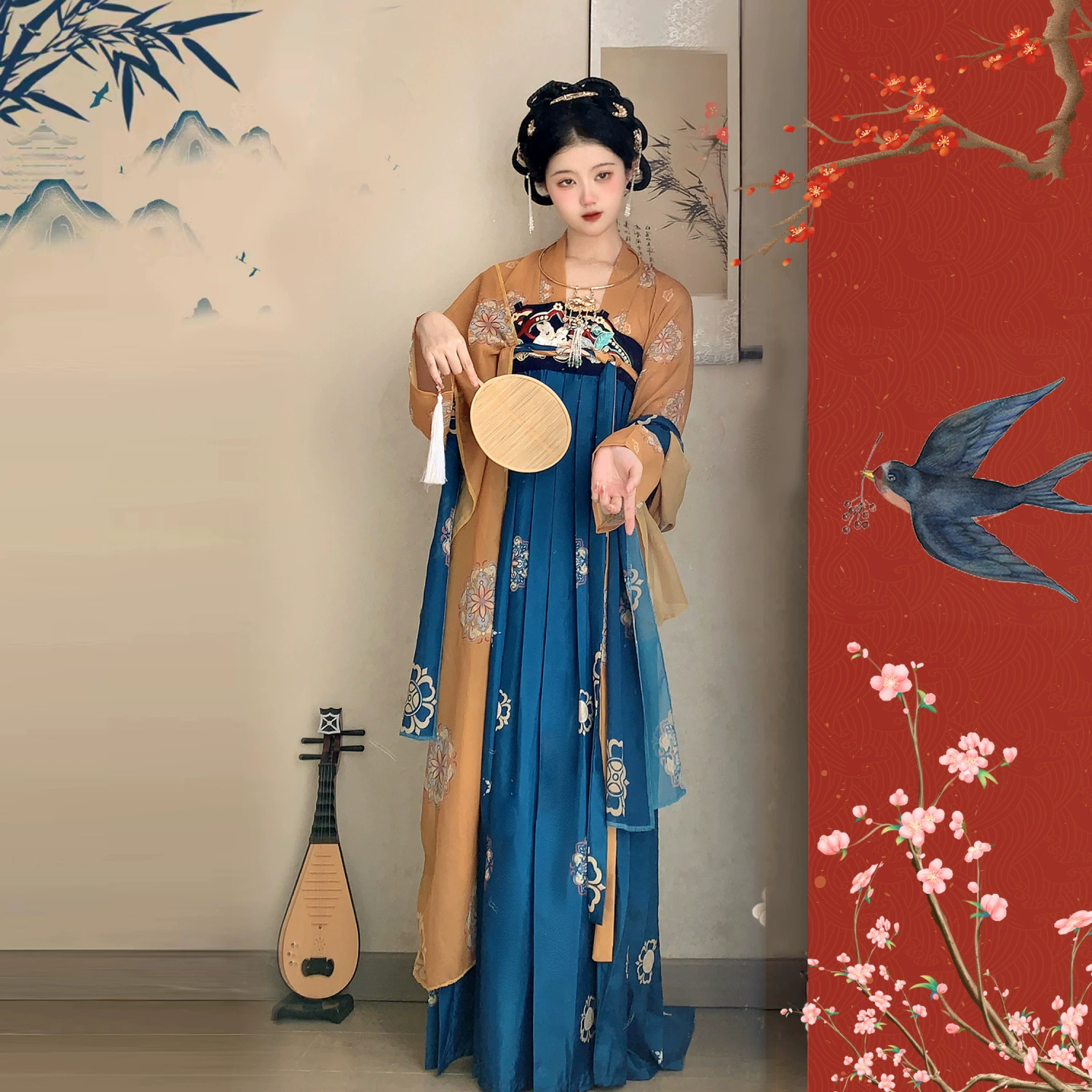 Оригинальный Hanfu женский весенний и осенний стиль Tang Qi грудь юбка национальный ветер весенняя марля удобная мягкая ткань полный набор подружек