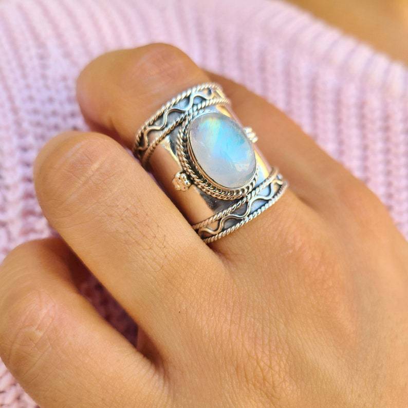 Creative Bohemian Vintage Wide Ring Moonstone, Antique Silver Party Ring, Jewelry With Mesh Design_voghion.com