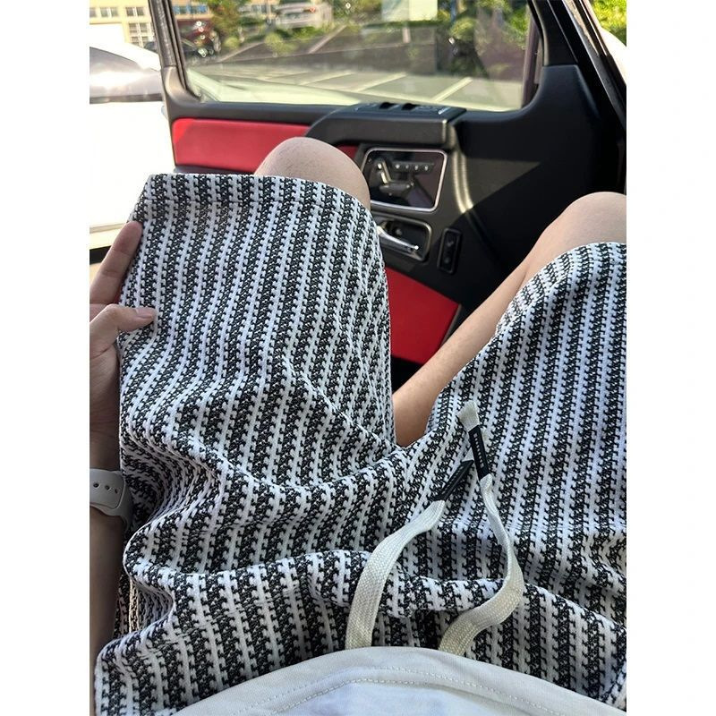 Tweed Style Knitted Stripesd Shorts for Men and Women, Summer Loose Casual Stereo Retro Straight Five-Point Sports Pants