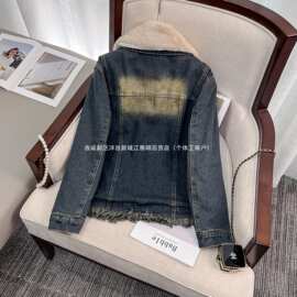 加绒加厚牛仔外套女短款2025秋冬季新款毛领宽松韩版棉服保暖上衣