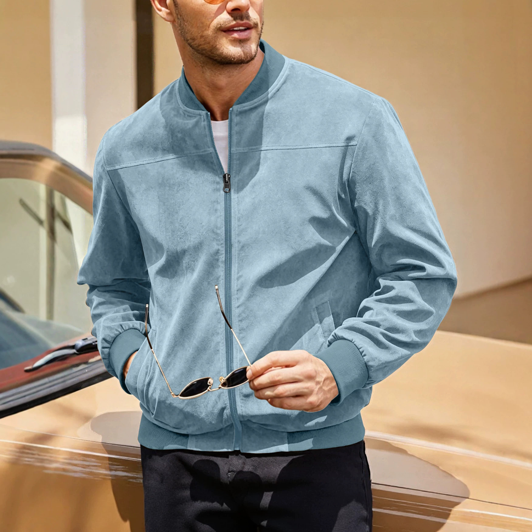 Chaqueta de aviador de gamuza para hombre, estilo europeo y americano, para otoño, color sólido, con cremallera, estilo retro americano, de manga larga.