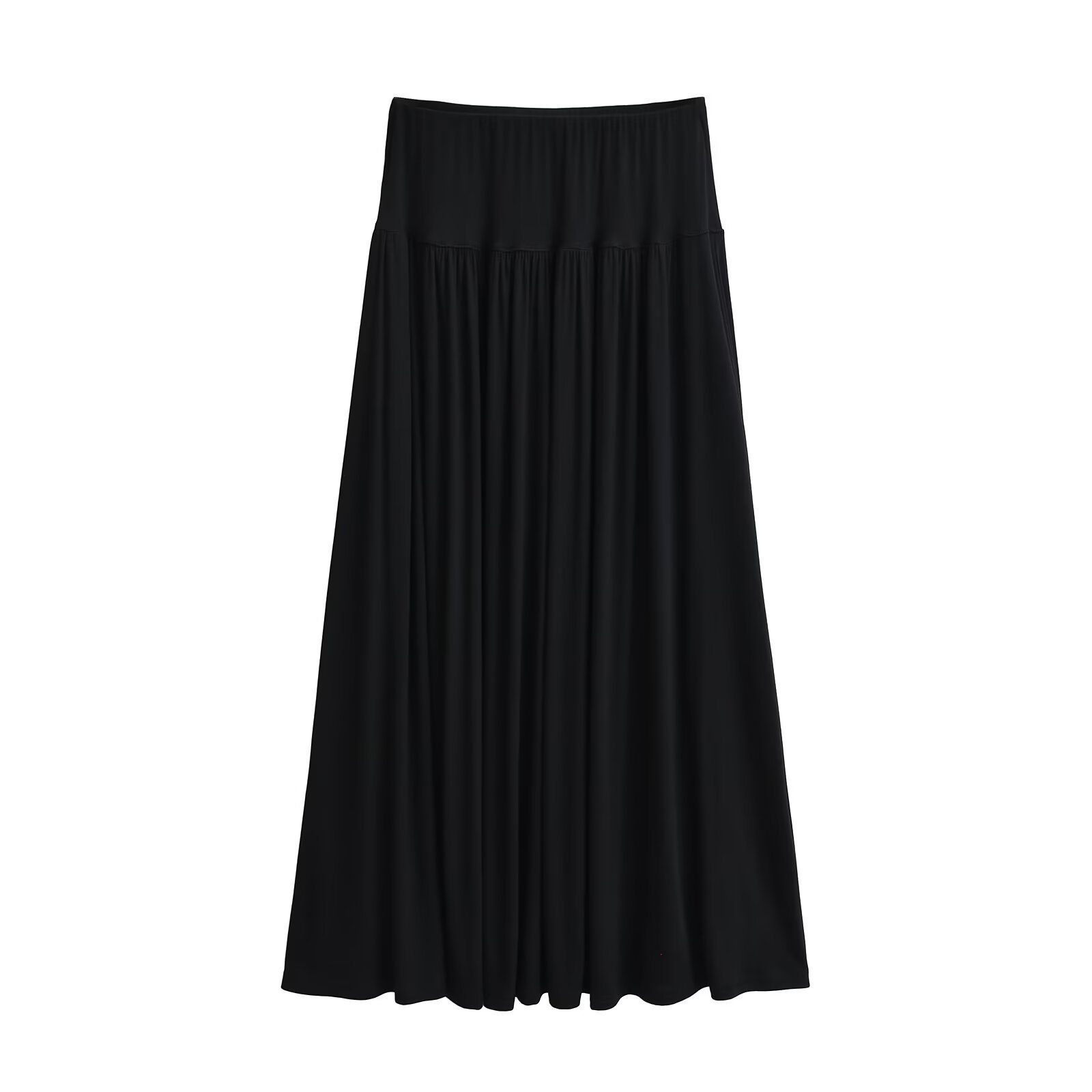 Retro Elastic Waist Splicing Skirt for Women, Pleated and Drapey, Large Hem, Knee-Length Pleated Elegant Commuter Long Skirt