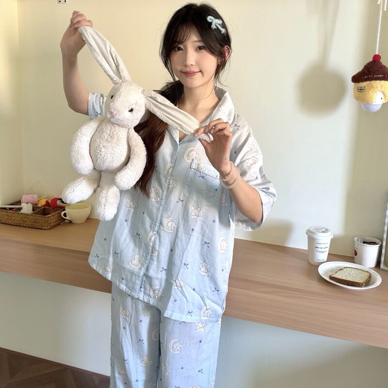 New Baby Blue Moon Elephant Short-Sleeved Pants Pure Cotton Pajamas Lapel Cardigan Cute Can Be Worn Outside Home Clothes
