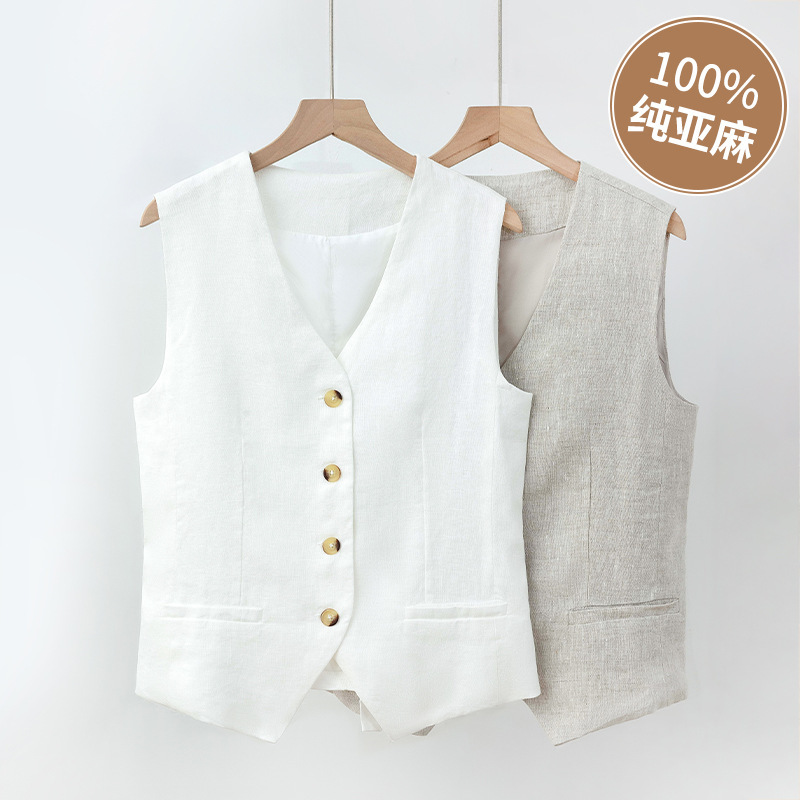 Pure Linen Vest Thin Women's Vest Summer New Classy Slim Short Sleeveless Suit V Neck Waistcoat Vest