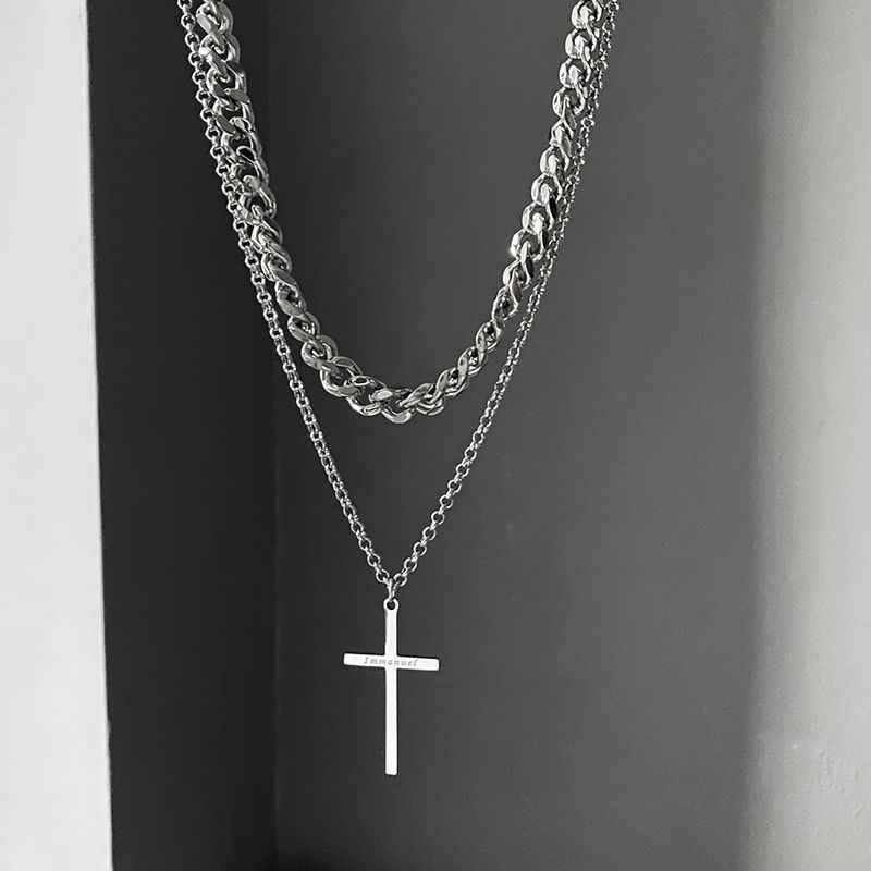 Collier croix double couche pour homme, style hip-hop européen et américain, tendance Instagram, design de niche, cubain_voghion.com