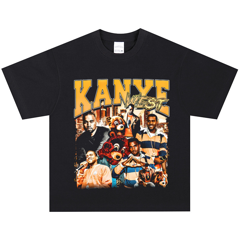 Kanye West Hip-Hop Rapper American Retro T-Shirt Street Heavy Distressed Short-Sleeved Vintage Long-Sleeved