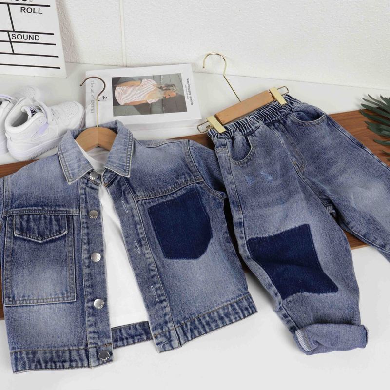 男の子スーツ 2025春秋新作秋服子供デニムツーピースセットストリート服ハンサム韓国風子供服|undefined
