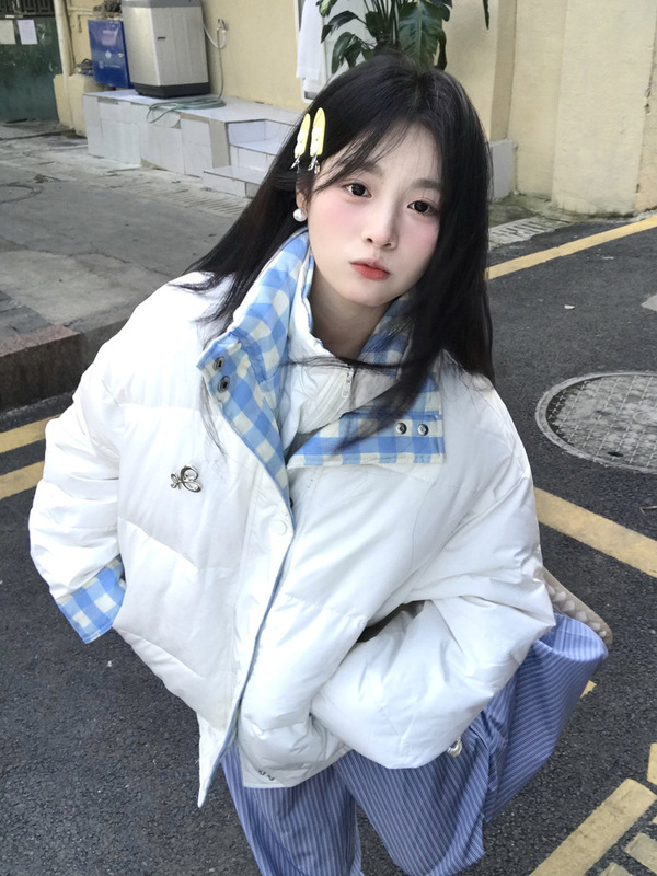 2025冬季新款设计感双层领假两件棉服女百搭拼接学生宽松保暖外套|undefined