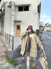 美式复古翻领口袋长袖风衣女2025秋季新款宽松中长款工装外套大衣
