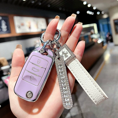 Eado Dt Key Cover — Car key bag - changan-folding-lavender-purple-single-shell-horse-logo-white-diamond-rope-number-plate