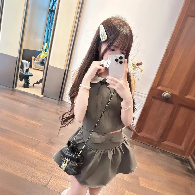Pure Desire Style Bowknot Doll Collar Sleeveless Top Summer New Hot Girl Versatile Pleated Skirt Two-Piece Set for Women