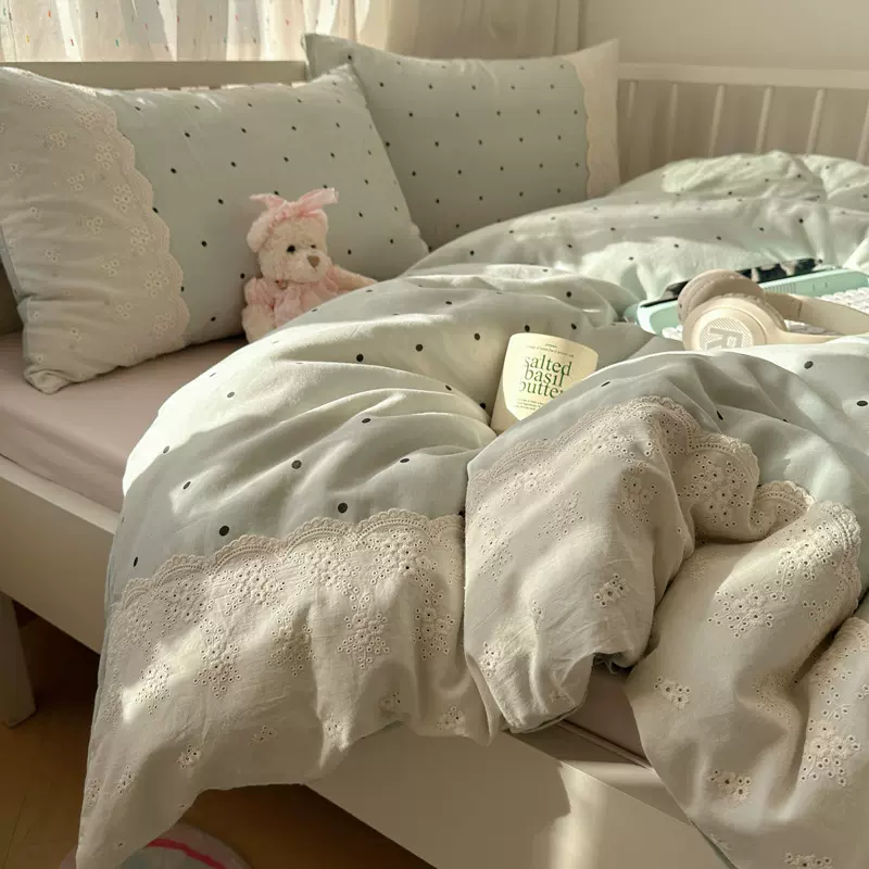 A类法式皱皱纱花边蕾丝水洗棉床上四件套宿舍床笠三件套四季款