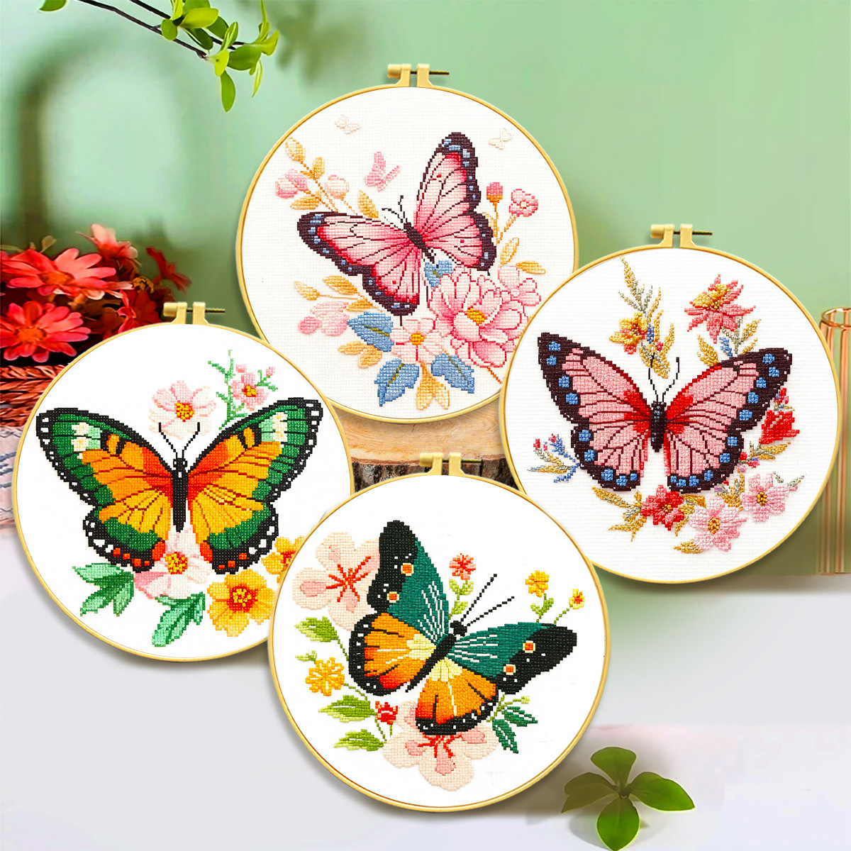 Kit de punto de cruz transfronterizo con cuatro mariposas, venta directa de fábrica, kit de punto de cruz impreso DIY para principiantes, hecho a mano.