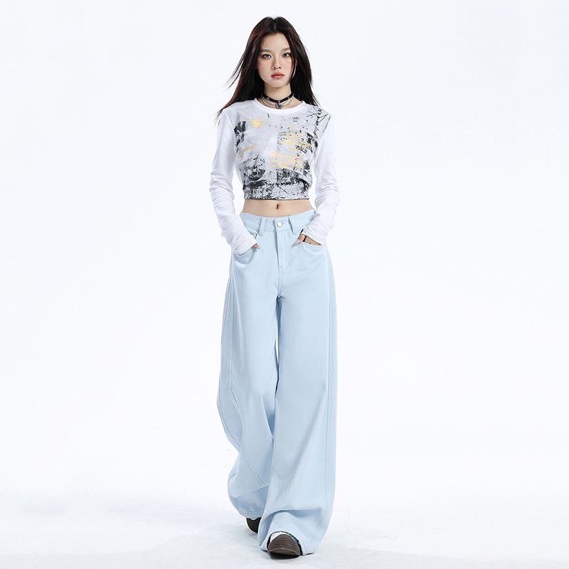 Sky Blue Straight-Leg Jeans for Women, New Autumn Style, Trendy Design, American Style, Loose Fit, Slimming, Floor-Length Wide-Leg Pants