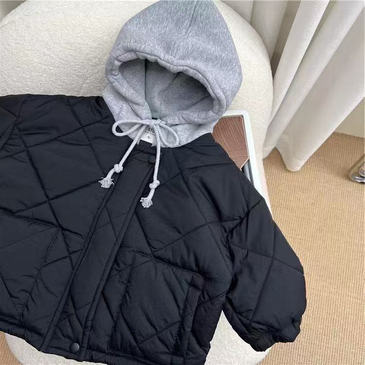 Korean Style Children's Clothing Autumn and Winter Fake Two-Piece Hooded Cotton Jacket for Boys and Girls, Thick Quilted Mid-Length Cotton Coat Trendy