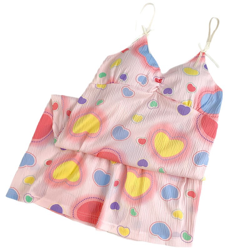 Verano nuevo estilo dulce amor camisón falda media femenina con almohadilla en el pecho lindo algodón imitación pliegue tirantes hogar camisón delgado