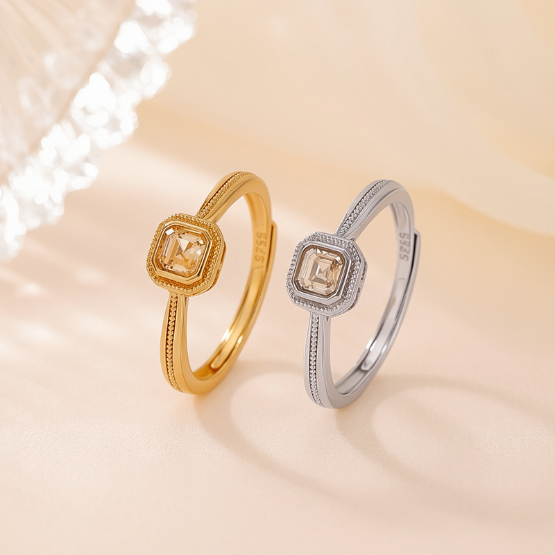 Nhẫn bạc S925 mạ vàng đính đá cubic zirconia hình vuông phong cách thời trang — Loại bạc