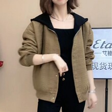 连帽拼接假两件短外套女2023春秋季新款时尚宽松洋气百搭长袖上衣