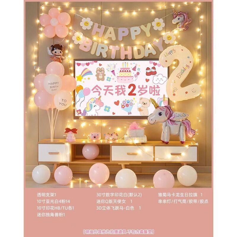 独角兽女孩生日装饰场景布置电视投屏儿童周岁卡通背景墙宝宝套餐|undefined