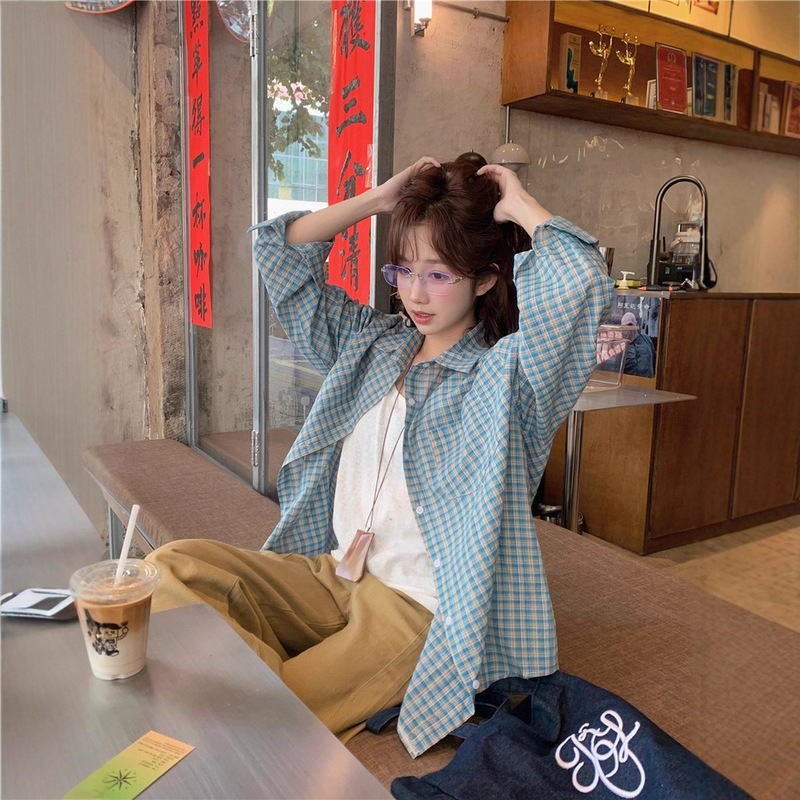 Zhang Ruonan's Same Style Blue Plaid Shirt Jacket for Women in Autum New Style Loose Lazy Style Long-Sleeved Shirt