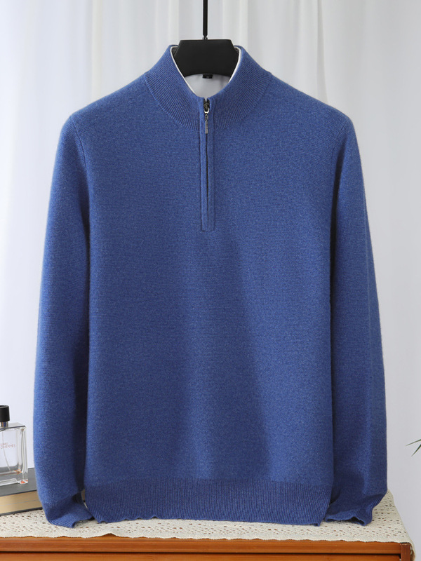 Autumn and Winter New Full Cashmere Men's Simple Solid Color Zipper Semi-high Neck Long-sleeved Loose Casual Pullover Knitted Sweater