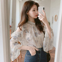 法式小碎花衬衫女夏设计感小众遮肚漏肩超仙女雪纺衫洋气甜美上衣