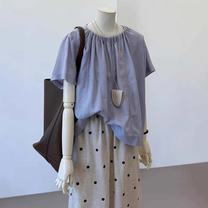 Super Recommended! Cool Summer Season~ Korean-Style Linen Blend Elegant and Age-Reducing Pleated Round-Neck Blouse